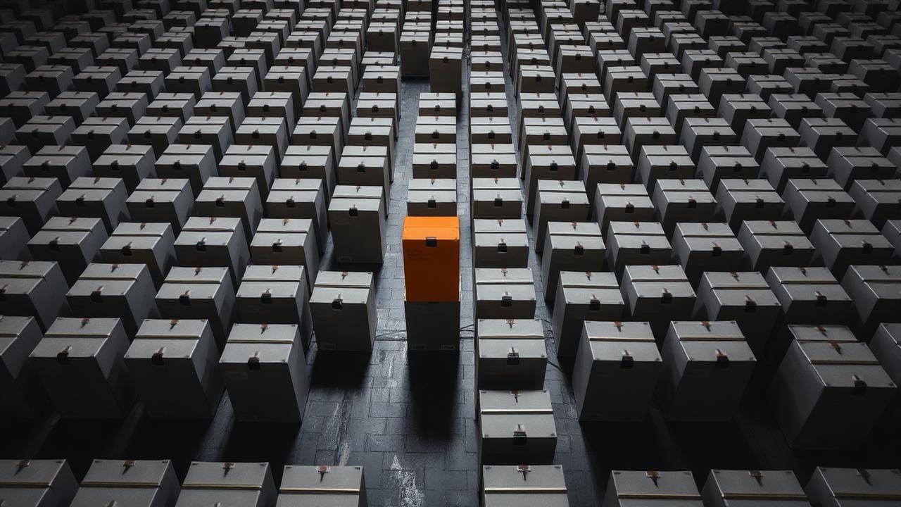 Eén terracotta pakket valt op tussen vele identieke witte enveloppen, opvallen in verzadigde B2B markt