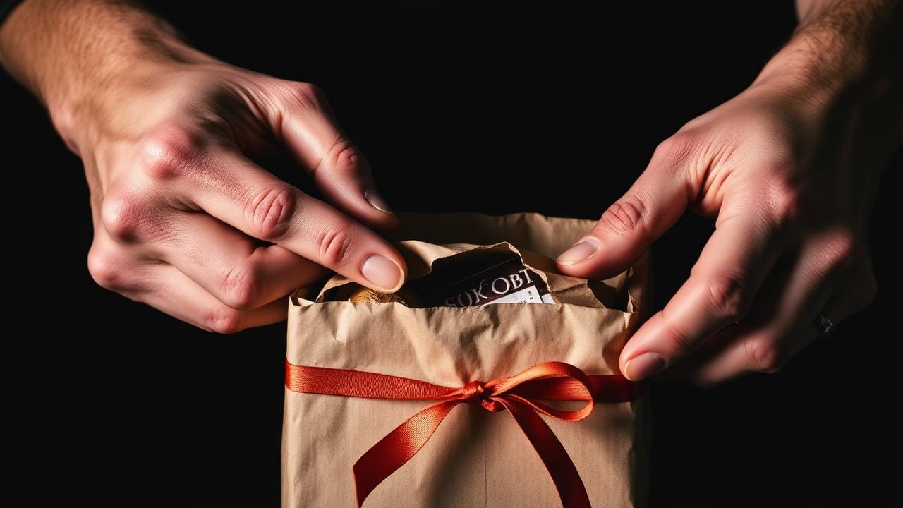 Hand opent craft paper pakket met terracotta lint, psychologische impact van fysieke outreach